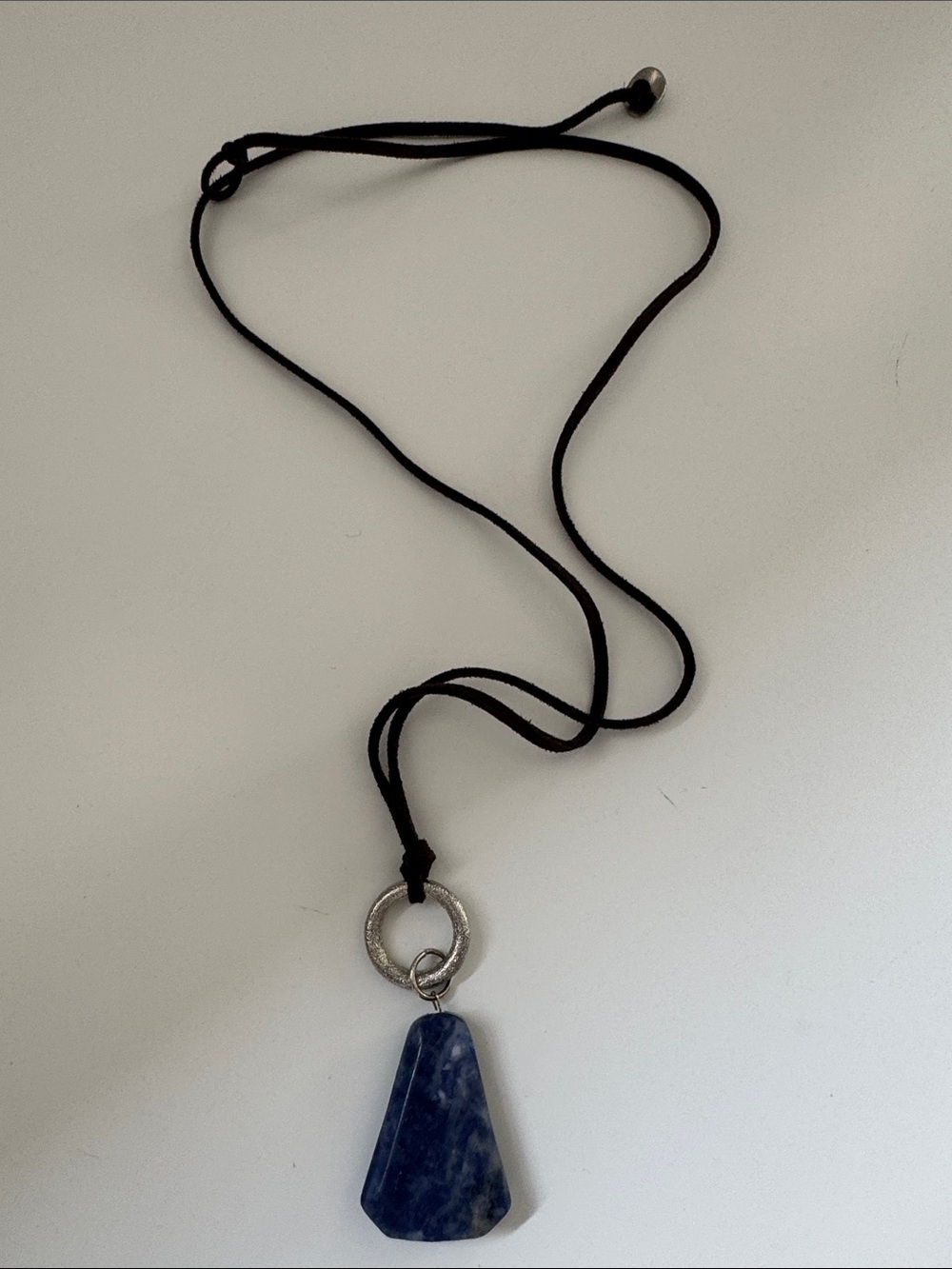 J. Jill Blue Pendant Necklace with Suede Brown Cord and Silver Ring